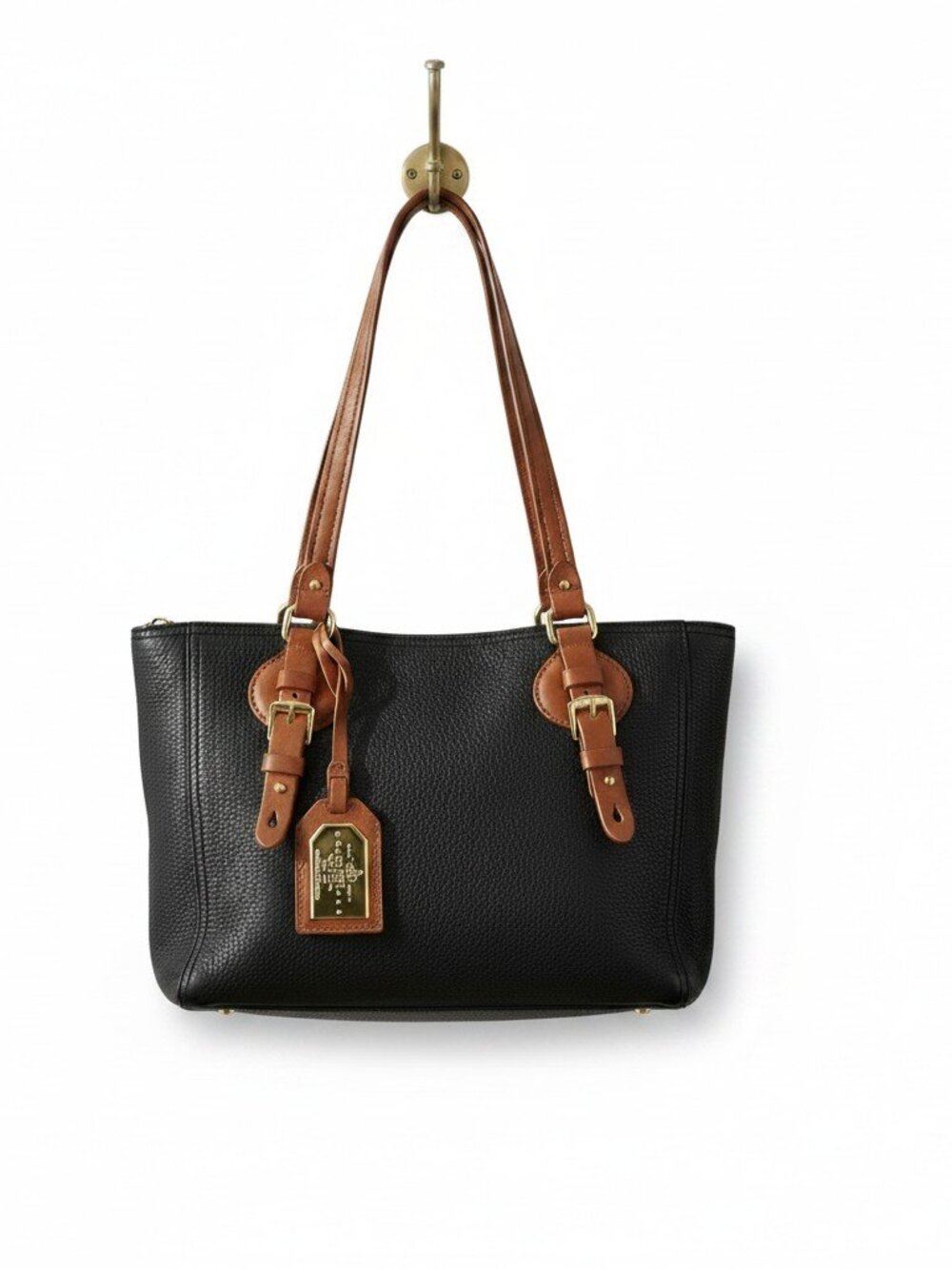 Lauren Ralph Lauren 1967 Series Black Tan Pebbled Leather Open Tote Shoulder Bag